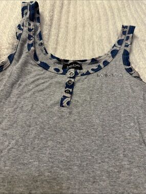 bebe Light Gray Ribbed Tank with Blue Patterned Trim